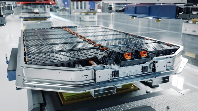 Electric vehicle battery pack positioned on an automated assembly line