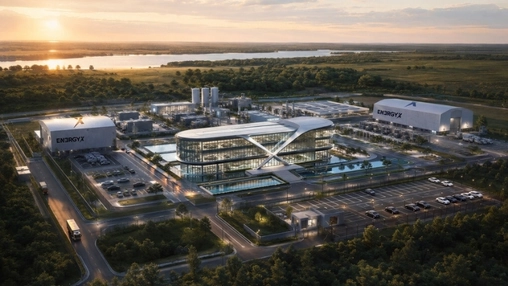 Aerial rendering of EnergyX campus with glass buildings and branded warehouses in wooded landscape at sunset