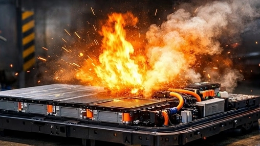 Lithium-ion EV battery module burning with flames, smoke, and sparks against a dark industrial background