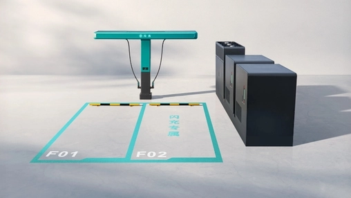 Teal EV flash-charging canopy above two ground-marked bays labelled F01 and F02 beside three black power units