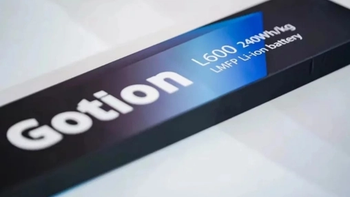 A Gotion branded L600 LMFP Li-ion battery cell with 240 Wh/kg printed on its casing against a dark background